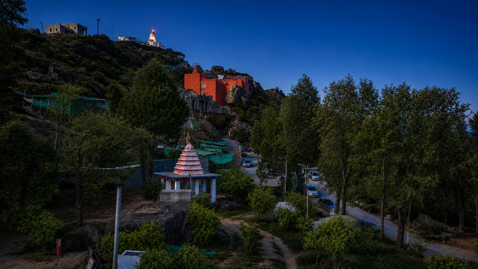 The Guru Shikhar temples at dusk, a minute's walk from the hotel